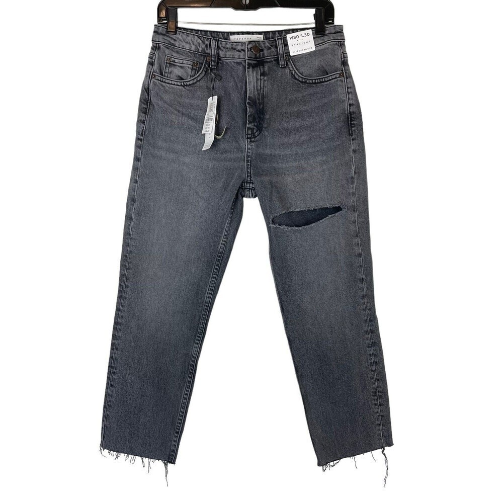 NEW TOPSHOP size 30 Thigh Rip Raw Hem Straight Leg Jeans high rise Gray
